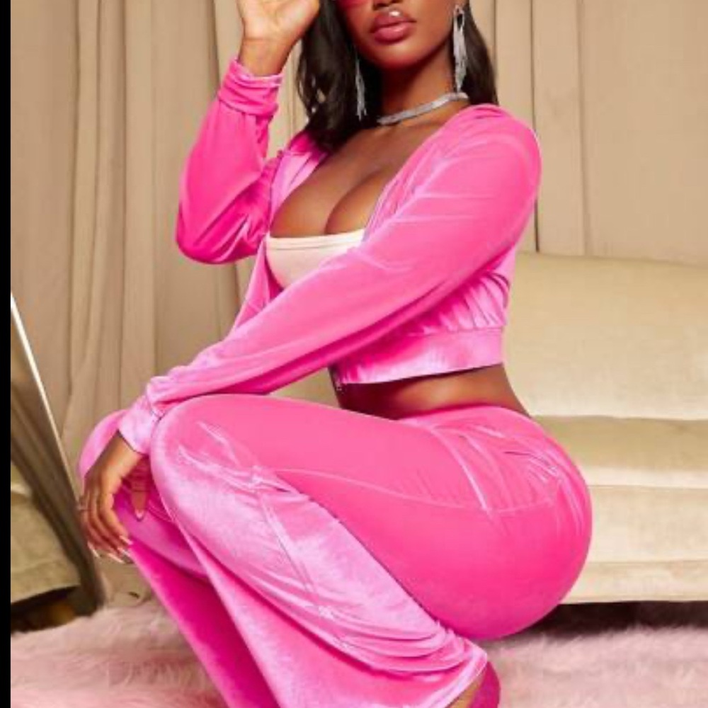Pink Velour Velvet Women's Jumpsuit - Picture 2 of 11